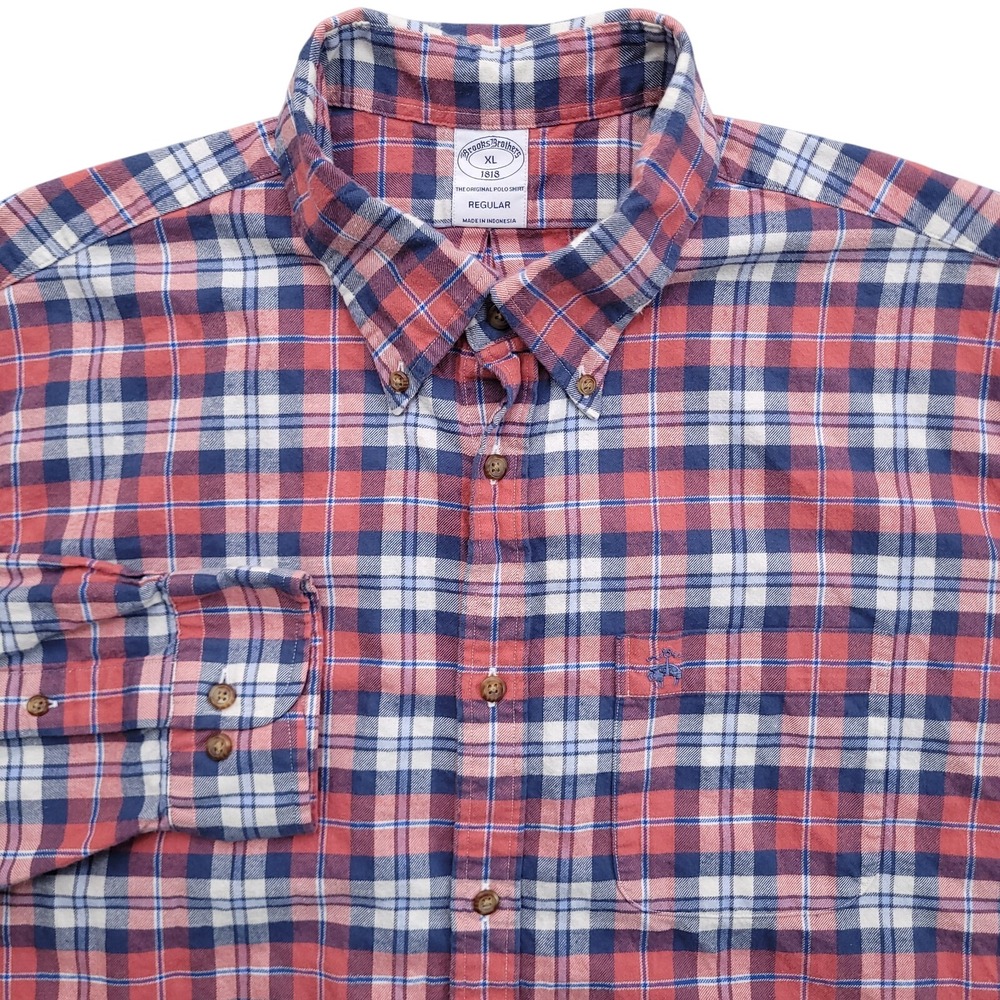 Brooks Brothers Shirt Men XL Regular Fit Flannel Pink Blue White Plaid Button Up